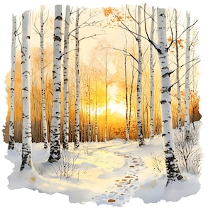 10 imágenes prediseñadas de bosque de abedules, ilustración de paisaje invernal, pintura de acuarela digital, escena de árboles nevados, imágenes prediseñadas de naturaleza helada, bosque congelado