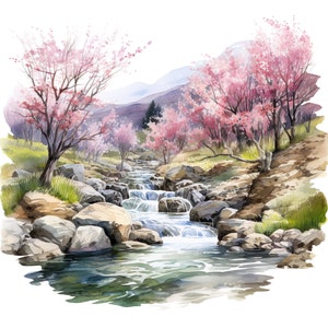 Conjunto de 10 imágenes prediseñadas de paisaje primaveral de arroyo de montaña, pintura digital de acuarela, imágenes prediseñadas de río, ilustración de la naturaleza, escena primaveral