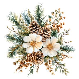 10 Buquês florais de Natal, Pintura em aquarela digital, Arranjo de flores para o feriado, Design floral festivo, Ilustrações florais de inverno