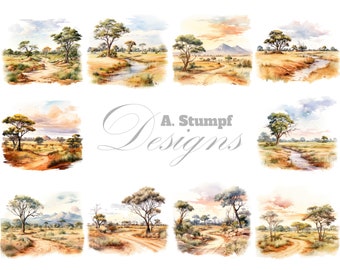 Savannah Landscape, Clipart Set, 10 High Quality JPGs, Digital Watercolor, African Wildlife, Safari Illustration, Nature Clipart, Wall Art