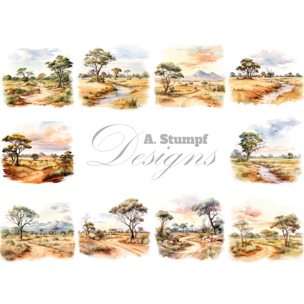 Savannah Landscape, Clipart Set, 10 High Quality JPGs, Digital Watercolor, African Wildlife, Safari Illustration, Nature Clipart, Wall Art