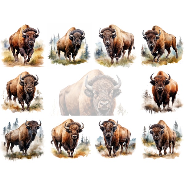 Bison Clipart Set - 10 High Quality JPGs - Digital Planner, Junk Journaling, Watercolor Clipart - Commercial Use - Digital Download