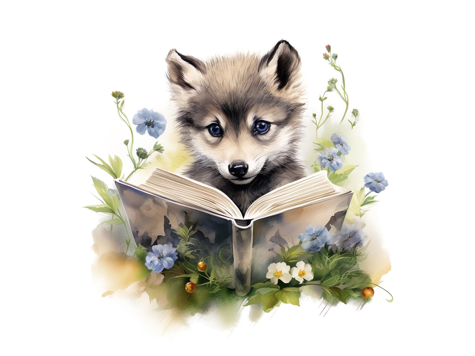 10 Baby Wolf Reading A Book Clipart Set Digital Watercolor Painting ...
