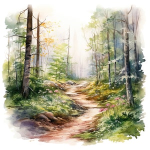 10 boswandelpad in het voorjaar clipart set, avontuur illustratie, lente aquarel schilderij, natuurwandeling pad clip art bundel