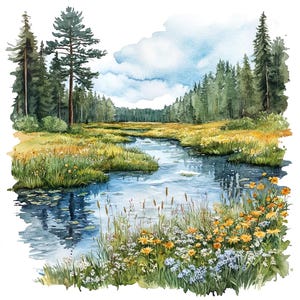 10 Sommer Blumen Feld Wald Fluss Landschaft Clipart Set Digitale Aquarell Malerei Wilde Wiese Illustration Land Clip Art Bundle
