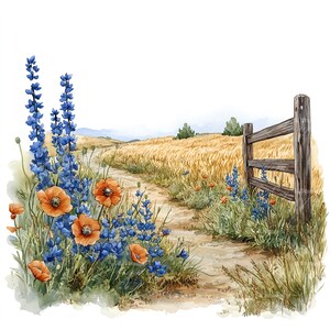 10 bloemen platteland landschap clipart digitale aquarel schilderij natuur scène rustiek bloemenveld illustratie zomer weide illustraties