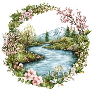 Ensemble de 10 cliparts paysage printemps rivière aquarelle numérique Couronne de fleurs Design Illustration scène de la nature romantique Clip Art Bundle