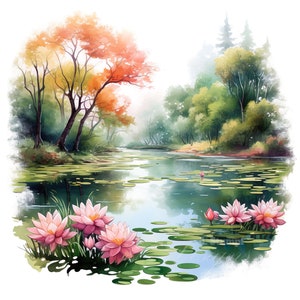 Conjunto de 10 imágenes prediseñadas de estanque, pintura de acuarela digital, ilustración de escena de naturaleza floral, gráfico de jardín botánico, paquete de imágenes prediseñadas de paisaje de humedal