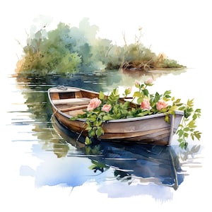 Paquete de 10 imágenes prediseñadas de un antiguo barco de remos en la orilla del río, paisaje natural, ilustración digital en acuarela, conjunto de gráficos de aventura al aire libre