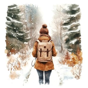 10 Frau zu Fuß Winter Wald Clipart-Set Digitale Aquarell Malerei Verschneite Gefrorene Wunderland Szene Illustration Gemütlichen Winter Spaziergang Clip Art