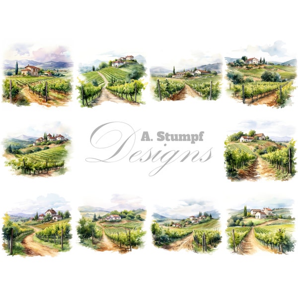 Vineyard Landscape Digital Clipart Watercolor Set Wine Country Wine Art Home Decor Print Poster Greeting Card Background Scrapbook Craft