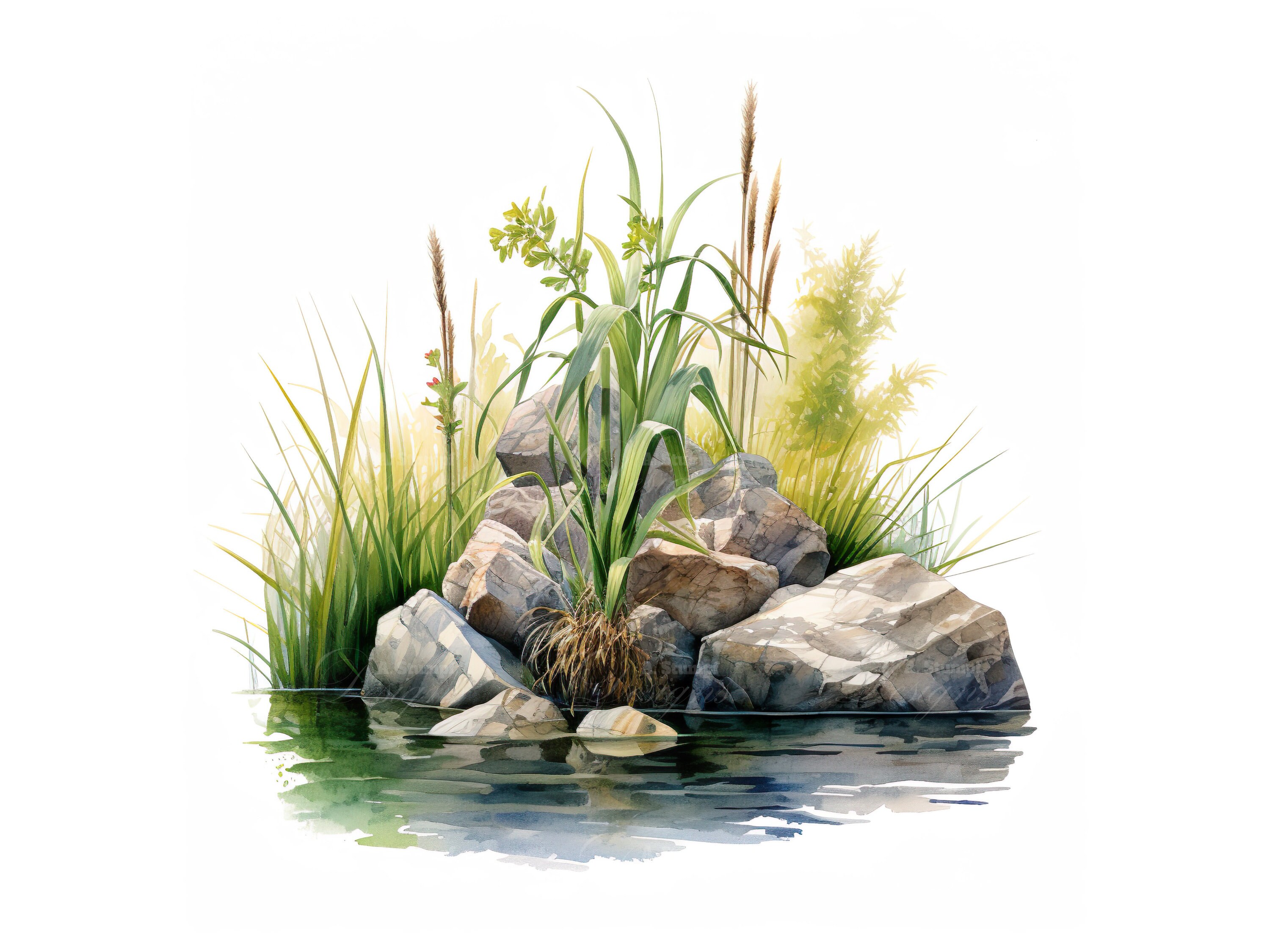 10 Bulrushes Among Rocks, Watercolor Nature Clipart, Digital Botanical ...