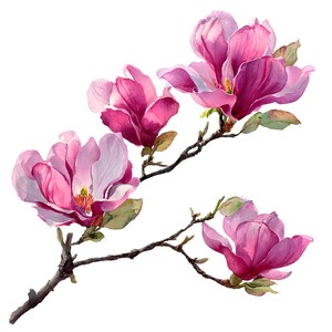 Set di 10 clipart di rami di magnolia, pittura ad acquerello digitale, illustrazione floreale di rami in fiore, scena botanica, petali di fiori, clip art.
