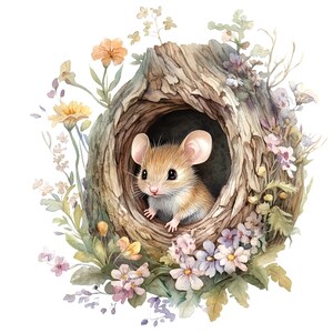 Lot de 10 cliparts de trou de tronc d'arbre mignon petite aquarelle numérique peinture rongeur Illustration d'animaux de la forêt nid douillet Clip Art Bundle