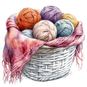 10 Korb gefüllt mit verschiedenen Schattierungen von Wollknäuel auf einem gestrickten Schal Clipart Set Digitale Aquarellmalerei gemütliches Clip Art Bundle