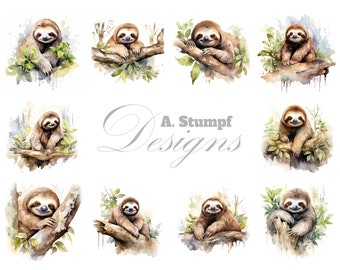 Sloth Clipart Set - 10 Watercolor Images - Digital Watercolor Clipart - Digital Watercolor Illustrations - Digital Download - 300 DPI