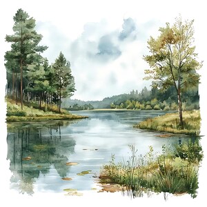 Lot de 10 cliparts nature paysage au bord du lac peinture aquarelle numérique eau calme paysage Illustration forêt brumeuse lac clipart clipart