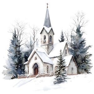 Conjunto de 10 imágenes prediseñadas festivas de la iglesia navideña, pintura de acuarela digital, encantadora ilustración de la escena de la capilla de invierno, paquete de imágenes prediseñadas de vacaciones nevadas