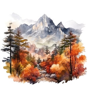 10 imágenes prediseñadas de escenas de montaña otoñales, ilustración de follaje, paisaje forestal, imágenes prediseñadas de naturaleza, vistas de bosques, ilustraciones alpinas, panorama otoñal