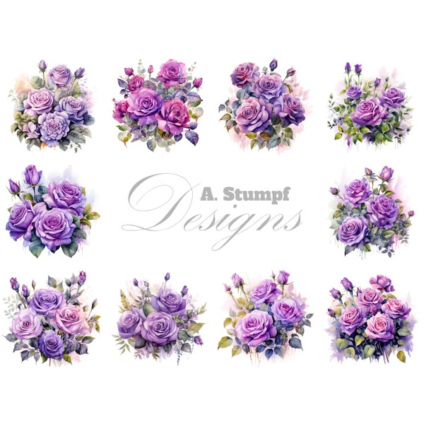 Purple Roses Clipart Set Watercolor Flowers Bundle Invitations and Greeting Cards Digital Download Scrapbook Images Printable Wall Art Decor