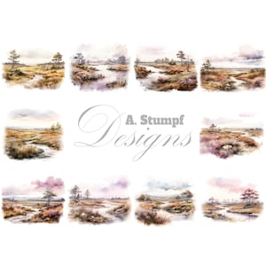Conjunto de imágenes prediseñadas de paisaje de páramo, pintura de acuarela, ilustración de la naturaleza, arte de pared imprimible, imagen, diseño de póster, imágenes prediseñadas al aire libre, artesanía digital