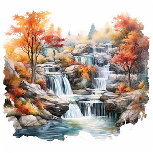 Chute d'eau dans le paysage d'automne Clipart Illustration Feuillage d'automne Clip Art paysage Nature aquarelle rustique forêt ruisseau cascade