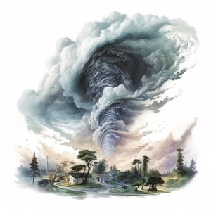 Lot de 10 cliparts de paysages de tempête de tornade, peinture numérique à l'aquarelle Twister, paysage orageux, illustration, météo sauvage, clipart