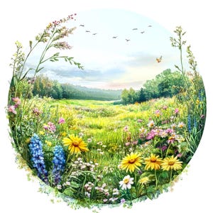 Ensemble de 10 cliparts en forme de cercle de paysage de prairie de printemps, peinture aquarelle numérique, illustration de champ floral, paysages de nature clip art