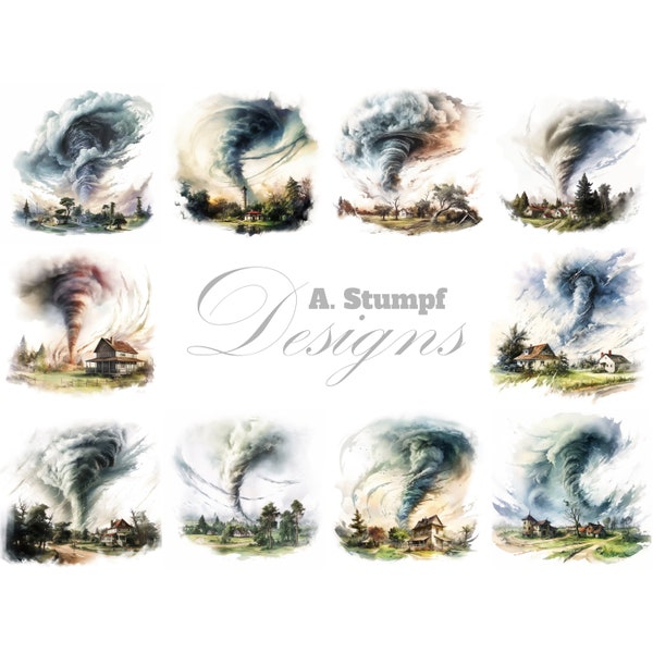 Tornado Scenery Set Watercolor Clipart Storm Illustration Stormy Landscape Scrapbook Image Whirlwind Graphic Printable Wall Art ClipArt Pack