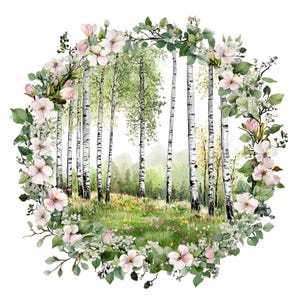 10 lente berk bos landschap krans clipart set digitale aquarel schilderij seizoensgebonden bos illustratie botanische bossen illustraties