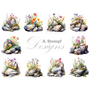 Conjunto de imágenes prediseñadas de rocas con flores silvestres, acuarela digital, arte natural, álbumes de recortes, invitaciones, manualidades, elementos florales, decoración de pared imprimible