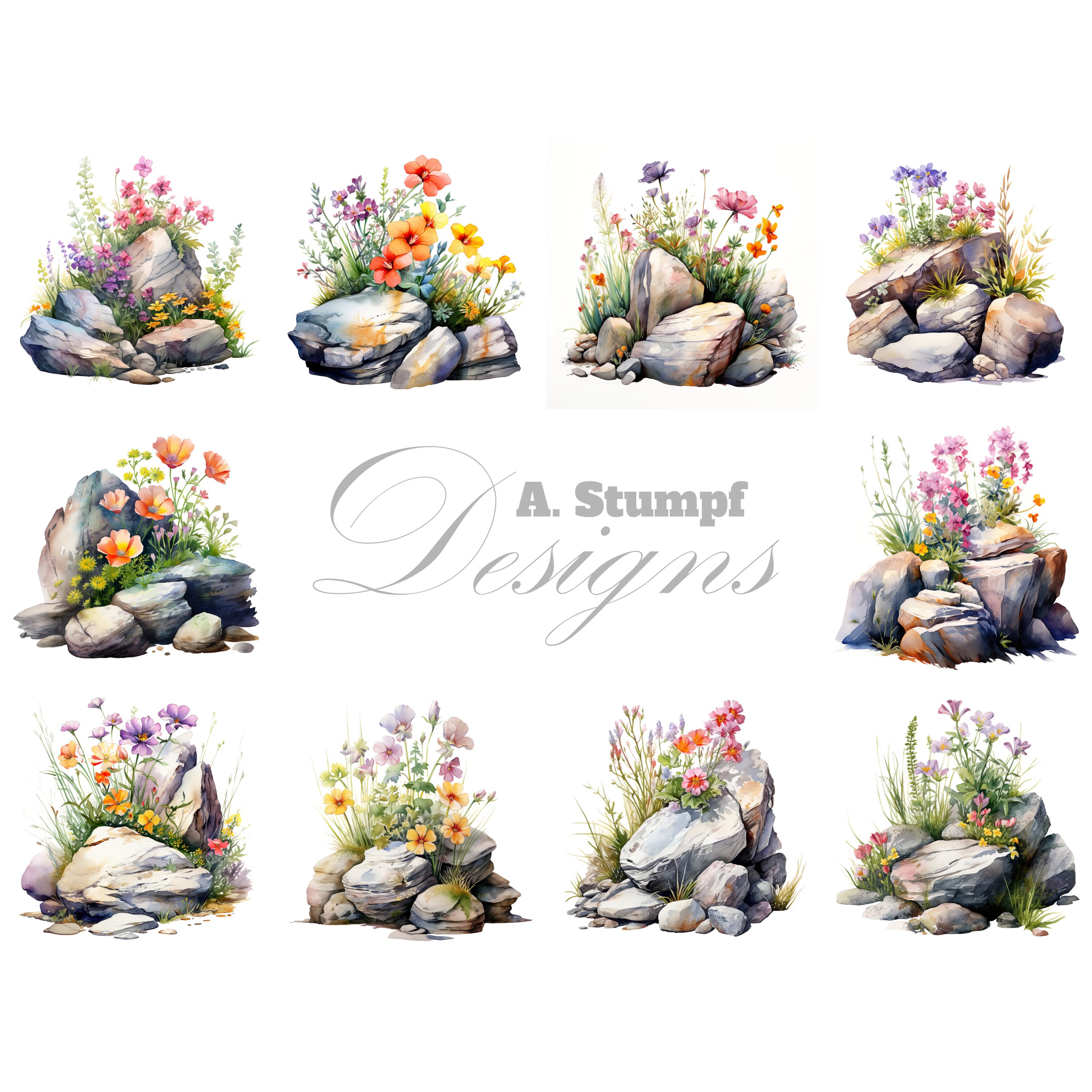 Scrapbooking Rocks Rocks With Wildflowers Clipart Set Digital Watercolor Nature Art Bundle ...