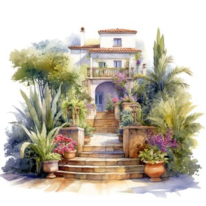 Ensemble de 10 cliparts paysage jardin méditerranéen, peinture aquarelle plantes, illustrations botaniques numériques, clipart verdure, design floral