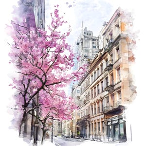 Conjunto de 10 imágenes prediseñadas de paisaje urbano de primavera, pintura de acuarela digital, ilustración de paisaje urbano floral floreciente, paquete de imágenes prediseñadas de ciudad primaveral