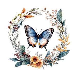 Paquete de 10 imágenes prediseñadas de mariposas en corona floral, acuarela digital, ilustración de insectos de jardín, alas elegantes, flores silvestres, anillo, clip art