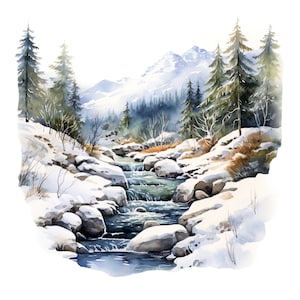 Conjunto de 10 imágenes prediseñadas de arroyos de montaña, paquete de imágenes prediseñadas de paisajes invernales, pintura de acuarela digital, ilustraciones de montañas nevadas, escenas de la naturaleza