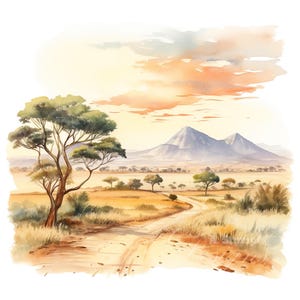 10 set di clipart di paesaggi di savana, pittura ad acquerello digitale panoramica, illustrazione di safari di fauna selvatica africana, bundle di clipart di natura, arte murale