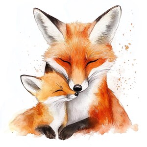 Ensemble de 10 cliparts maman renard caresser son bébé, peinture aquarelle numérique, illustration de l'amour de la famille des animaux de la forêt, maternité, clip art