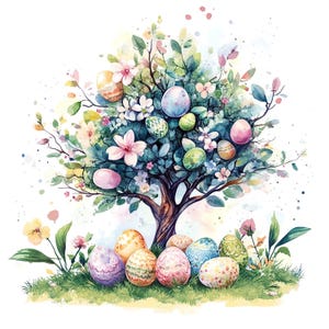 Lot de 10 décorations de Pâques, peinture aquarelle numérique, décoration chrétienne, illustration, graphismes botaniques festifs, oeuf de Pâques, clip art