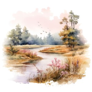 10 Heath Clipart Set Digital Watercolor Painting Natural Landscape Scene Illustration Countryside Grass Meadow Botanical Clip Art Bundle