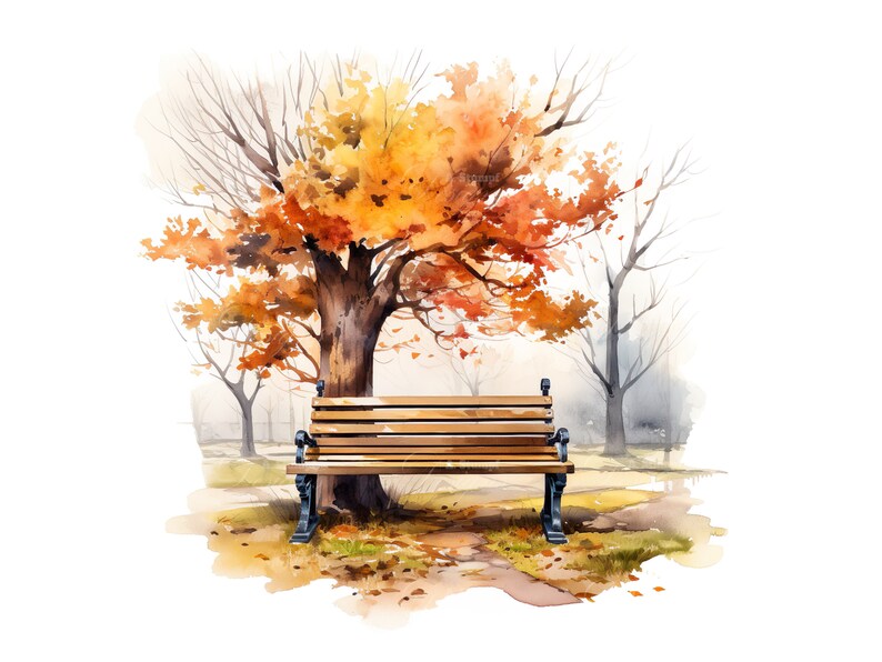 10 Autumn Bench Art Park Bench Clipart Fall Park Bench Autumn ...