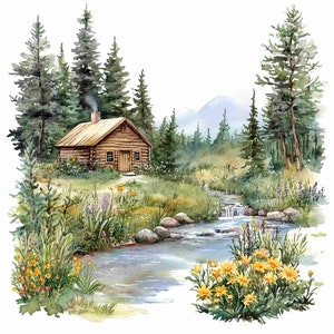 10 set di clipart di casette di tronchi di legno, bundle di clipart di cottage del bosco, acquerello digitale, pittura della natura, foresta, ruscello, paesaggio, illustrazione