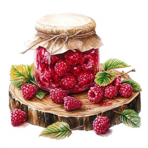 Himbeer Marmelade Glas Holzbrett Clipart Set Digital Aquarell Malerei Obst Dessert Topping Illustration Beere Marmelade Glas Clip Art Bundle