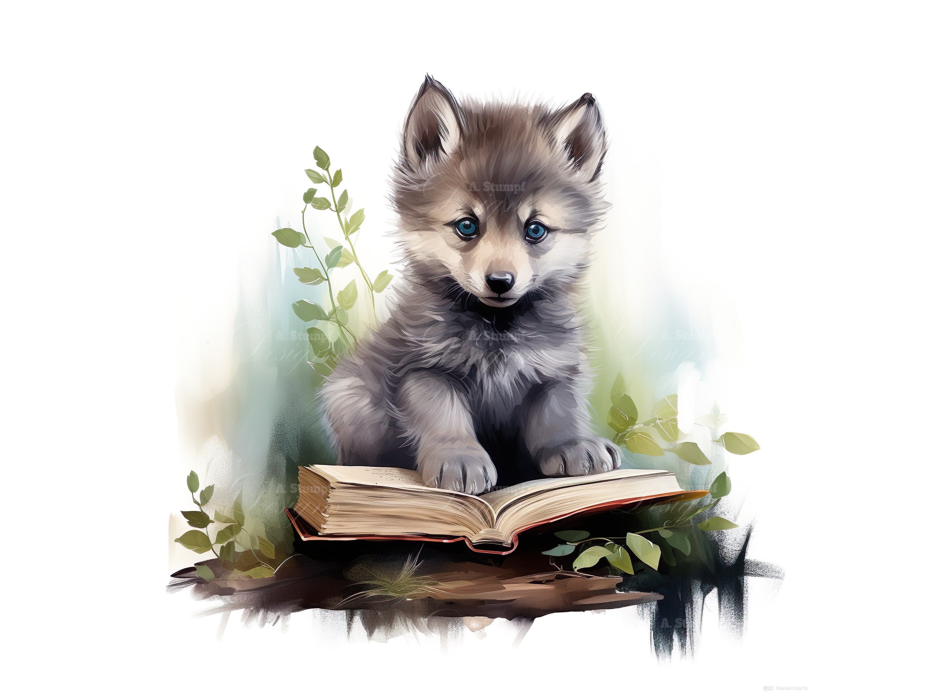 10 Baby Wolf Reading A Book Clipart Set Digital Watercolor Painting ...