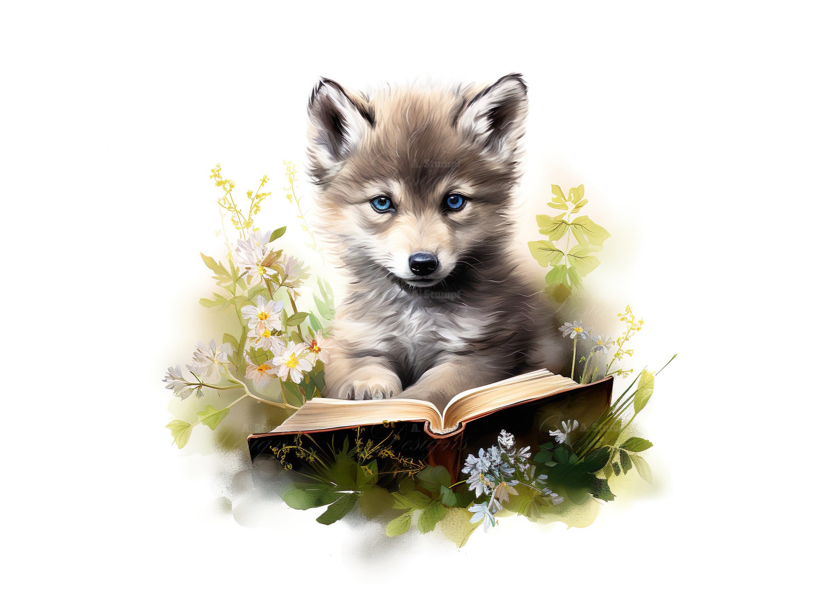 10 Baby Wolf Reading A Book Clipart Set Digital Watercolor Painting ...