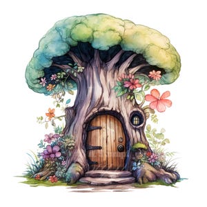 Lot de 10 cliparts de porte de fée de tronc d'arbre mystique, peinture aquarelle numérique Illustration de forêt magique scène fantastique Clip Art