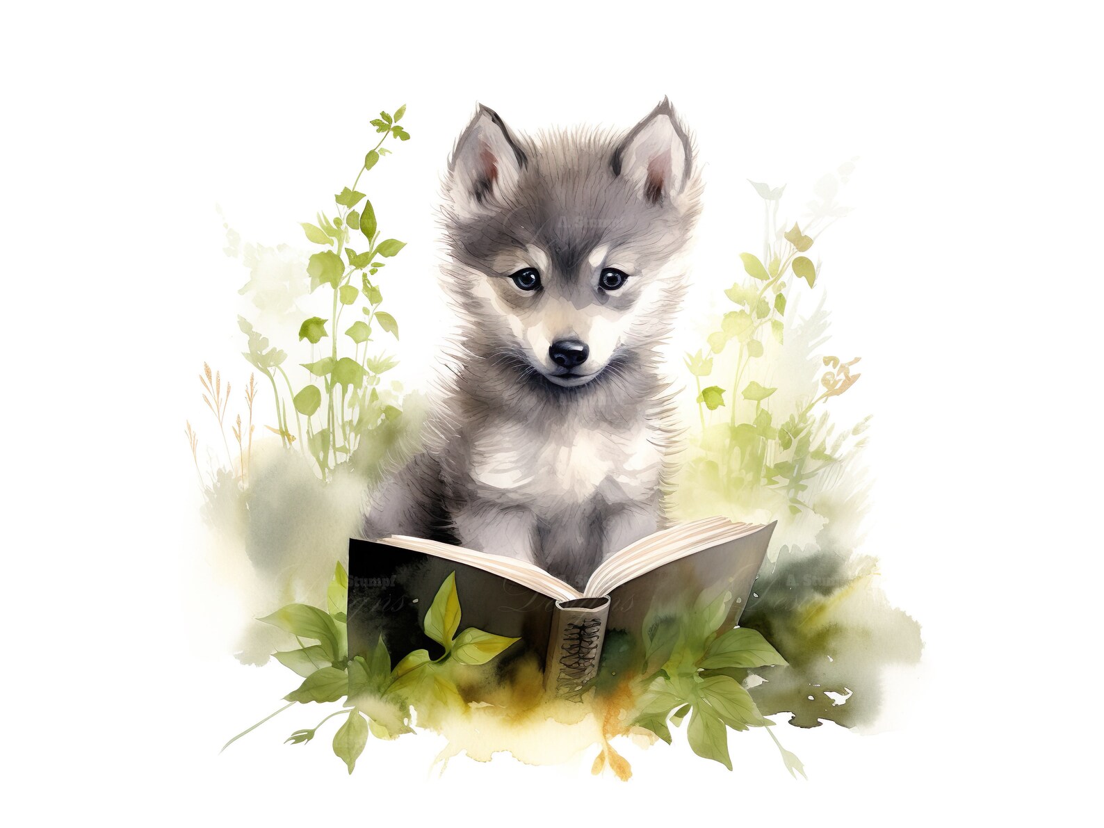10 Baby Wolf Reading A Book Clipart Set Digital Watercolor Painting ...