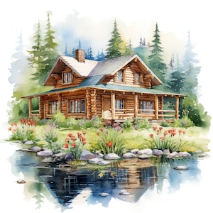 10 imágenes prediseñadas de cabaña de troncos, imágenes prediseñadas de paisaje de verano, pintura digital en acuarela, obra de arte escénica rústica, ilustración de cabaña forestal rural