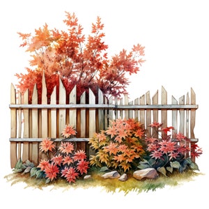 10 set di clipart di recinzione da giardino in autunno, pittura ad acquerello digitale, illustrazione della stagione del raccolto, scena autunnale stravagante, clip art con ciondolo autunnale