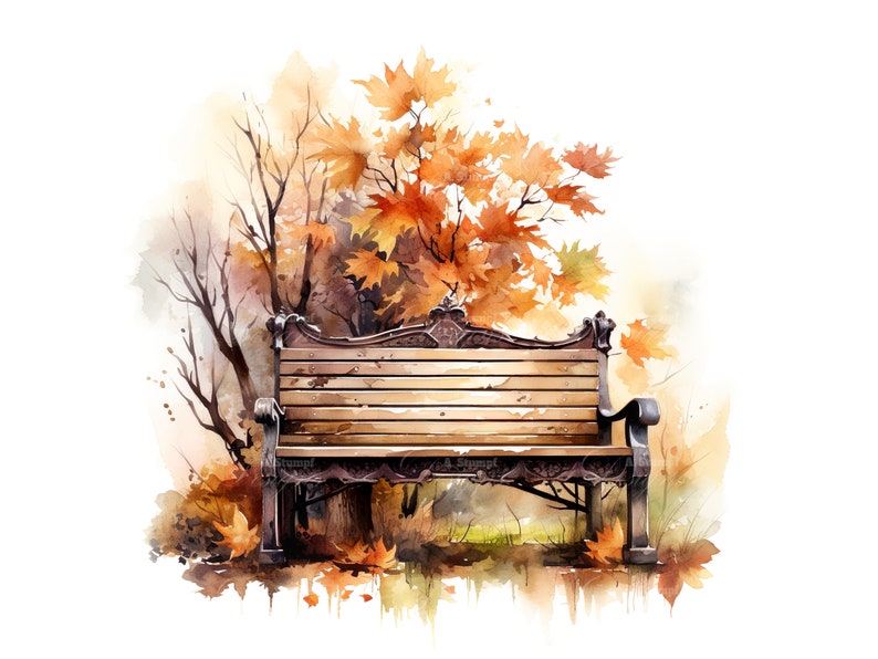 10 Autumn Bench Art Park Bench Clipart Fall Park Bench Autumn ...